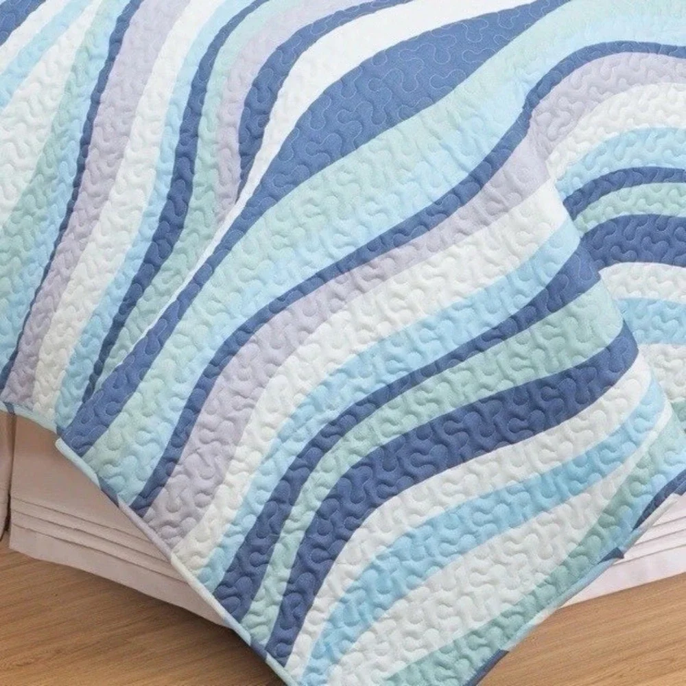 Sea Waves Blue White Quilt Set Twin Ocean Reversible Coastal Comforter Shams